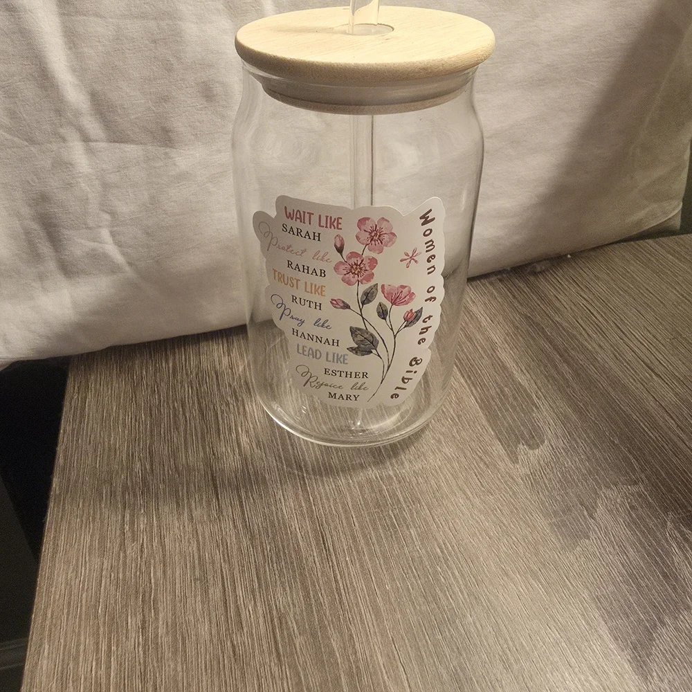 Floral 'Women of the Bible' Glass Tumbler with Straw - Pink Accents - Picture 3 of 10